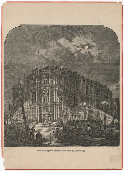 Lavoro notturno al Grand Hotel di Palmer con luce al calcio, illustrazione da The Land Owner, c.1872 da American School